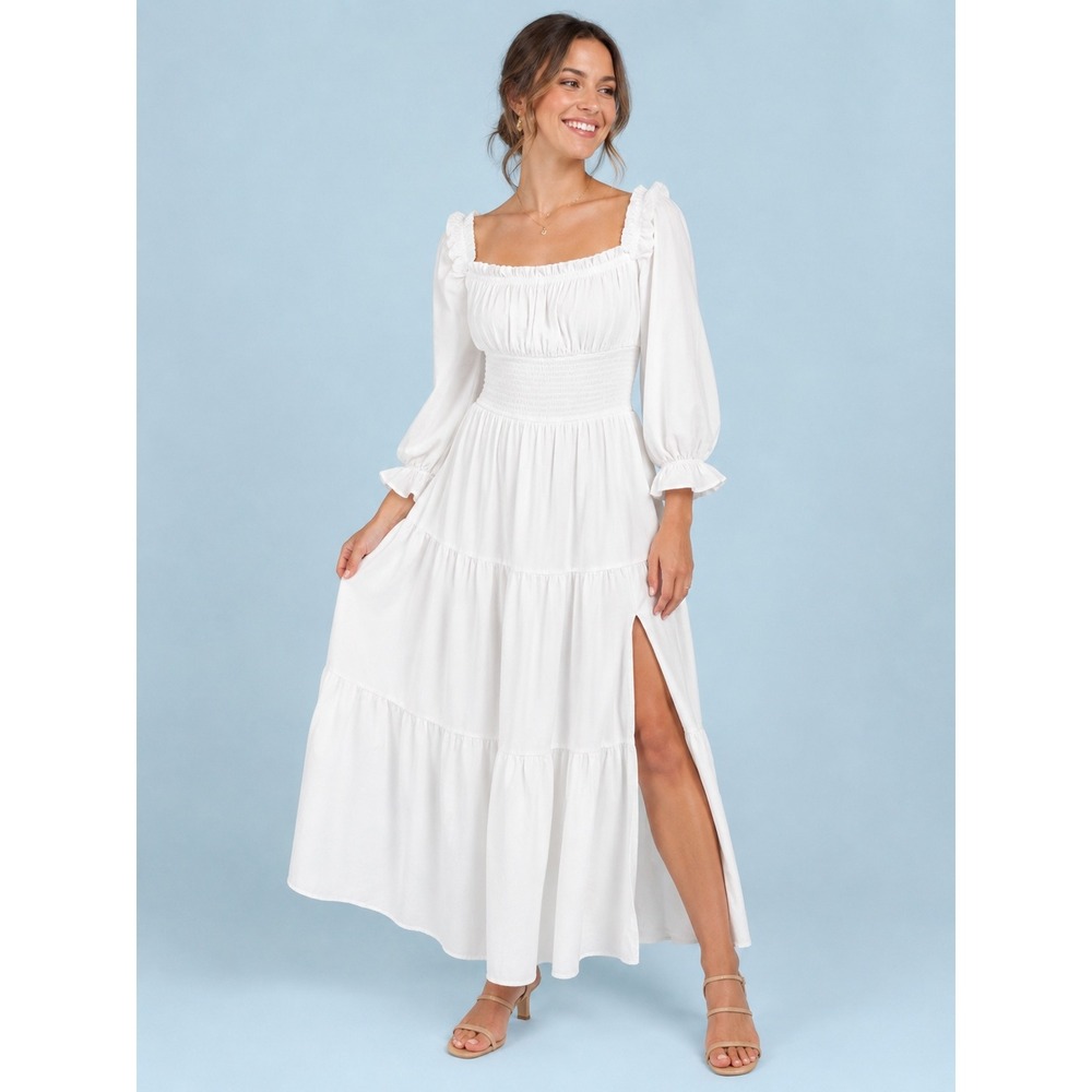 ZESICA  Large White Milkmaid Smocked Tiered Maxi Dress Square Neck Puff Sleeve